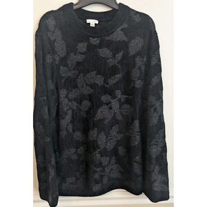 J.Jill Jacquard Leaves Chenille Pullover Sweater Black Silk Wool Blend Size L